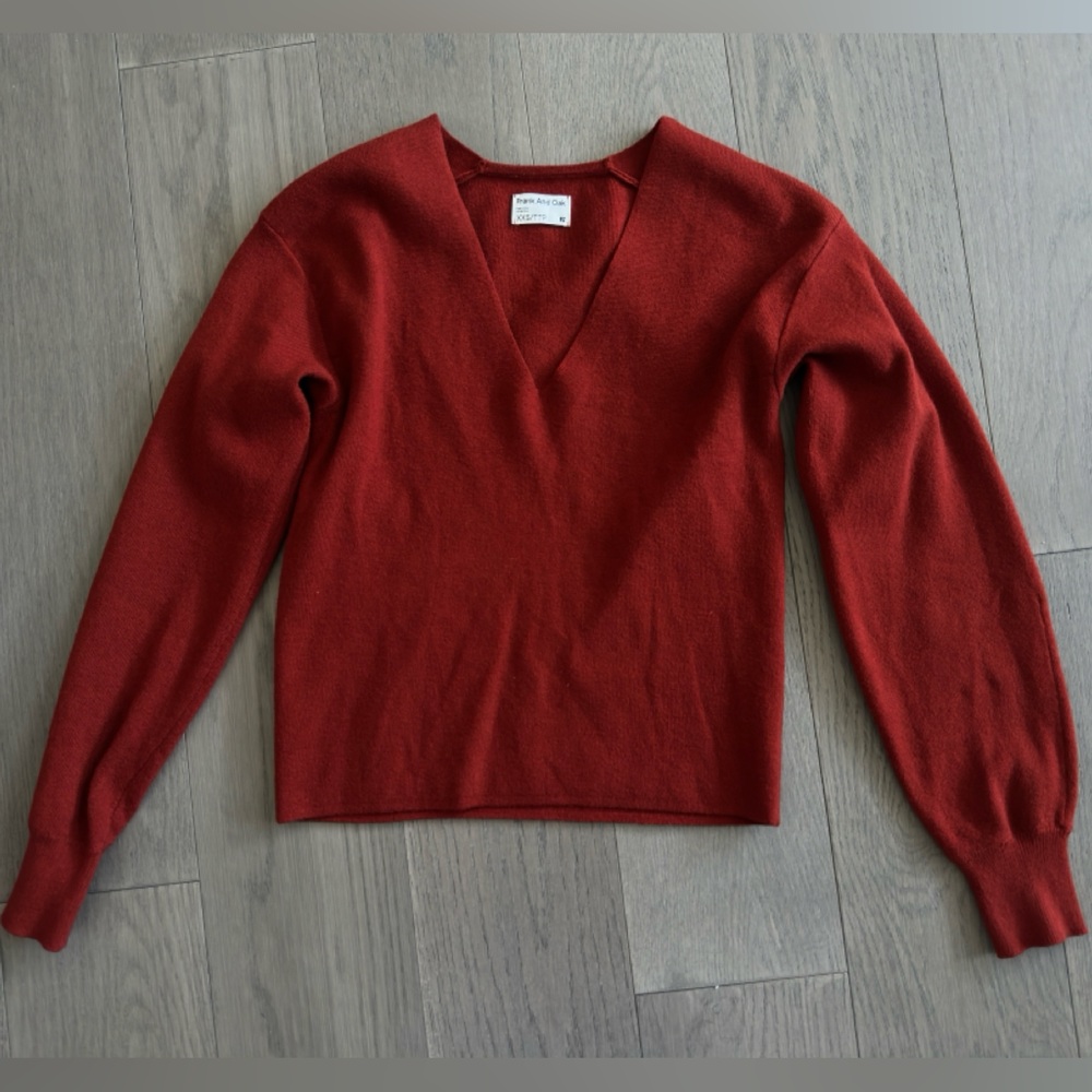 Frank & Oak Cropped V-neck Long-Sleeve Sweater in Dark Chili/Red